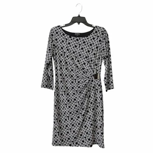 En Focus Dress Women's Size 6 Black White Geometric Cinched 3/4 Sleeve Corpcore - Picture 1 of 6