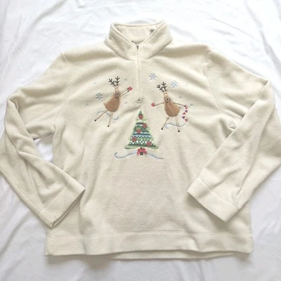 Suéter aconchegante pulôver feminino veado branco XL marfim férias renas lã 1/4 zíper - Imagem 1 de 4