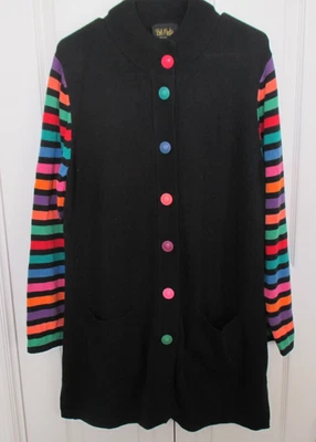 Cárdigan Suéter Bob Mackie Usable Arte Negro y Multi Rayas Botón Largo L Nuevo sin Etiquetas Foto 1 de 4