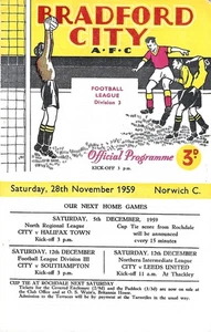 BRADFORD CITY V NORWICH CITY ~ 28 DE NOVIEMBRE DE 1959 ~ PROGRAMA DE FÚTBOL DIVISIÓN 3 - Imagen 1 de 1