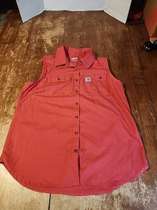 Carhartt  orange Red woman’s Large sleeveless button down, Collars, Trendy EUC  - Picture 1 of 5