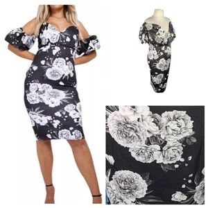 Black Mix Dress Size 28 BOOHOO Stretchy Bodycon Bardot Plus Curve Ladies NEW NWT - Picture 1 of 24