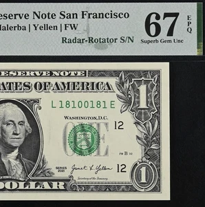 2021 $1 Federal Reserve Note PMG 67EPQ Top Pop - Radar - Rotator Serial 18100181 - Picture 1 of 4