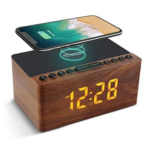 Anjank Wooden Digital Alarm Clock FM Radio 10w Fast Wireless Charger Station for