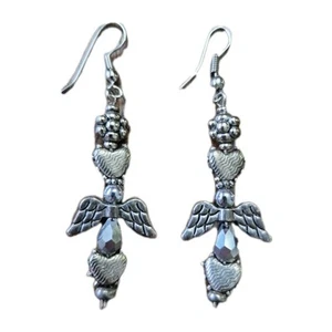 VTG Angel Wing Heart Dangle Hematite Earrings Faith Celestial Christian Jewelry - Picture 1 of 4
