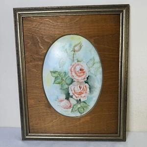 Quadro porcellana vintage ROSE DIPINTE A MANO FLOREALE circa 16 x 13” incorniciato rosa - Foto 1 di 11