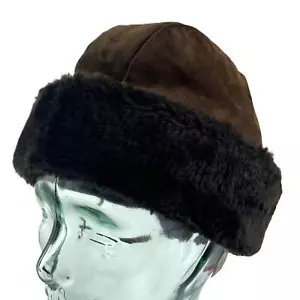 Vintage Hush Puppies braune Schweinsledermütze mit schwarzem Kunstfell Einheitsgröße - Bild 1 von 9