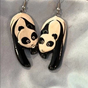 Panda Earrings Painted Wood Pierced Super Cute Lightweight Vintage 1970s - Picture 1 of 8