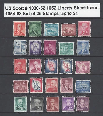 US Scott # 1030 -1052 Liberty Sheet Issues of 1954-68 Set of 25 / ½¢ to $1 MNH  - Image 1 of 2