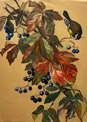 Aquarell Zweig Ast mit Beeren und Meise Vogel 31,5 x 23 cm - Bild 1 von 4