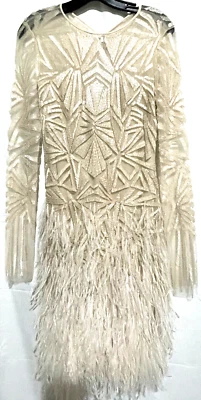 Monique Lhuillier Collection Runway Bead Embroidered Feather Cocktail Dress US 4 - Image 1 of 4