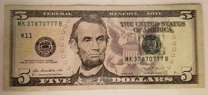 2013 (K) $5 billete de cinco dólares billete de la Reserva Federal Dallas elegante serie 5 7s - Imagen 1 de 2