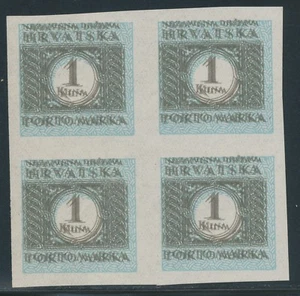 CROATIA 1942, Porto 1 K superb U/M block of 4 VARIETIES/ERRORS DOUBLE PRINT - Picture 1 of 1
