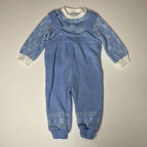 Vintage Mothercare Baby 3/6 Month Blue Sweater Outift 2 Piece Set Shirt Overalls