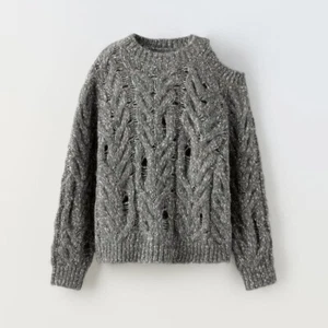 Zara Girls Gray Cable Knit Sweater With Cut-Out Detail, Size 9-10 Years NWT - Picture 1 of 4