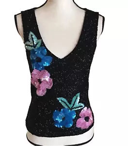 👚🖤Cache - Camisa Top Talla M Mediana Negra - Cuentas - Cuentas y lentejuelas - Flores - Imagen 1 de 12