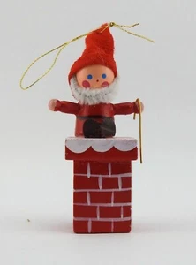 Vintage Wood Christmas Ornament Made Twain Santa Red Chimney - Picture 1 of 3