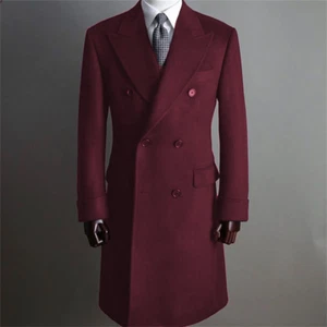 Men's Woolen Overcoat Leisure Double Breasted Tuxedos Peak Lapel Long Jackets - Picture 1 of 17