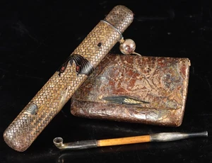 Japanese Vintage Kiseru Smoking Pipe L6.5in W/Bamboo Pipe Holder & Tobacco Pouch - Picture 1 of 20