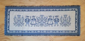 VTG Austrian Woven Table Runner Bavarian Dancers Cotton & Linen Blue Folk Art - Picture 1 of 7