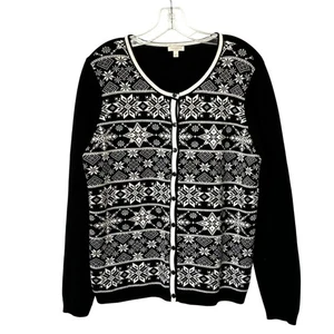 Cardigan maglione Talbots Wms Petite L nero panna fiocco di neve inverno accogliente - Foto 1 di 8
