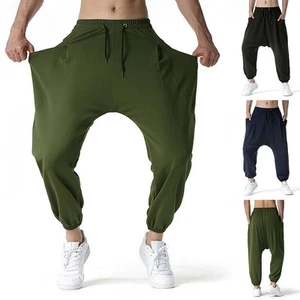 Mens Loose Drawstring Harem Pants Drop Crotch Hippie Trousers Pocket Sweatpants - Picture 1 of 30