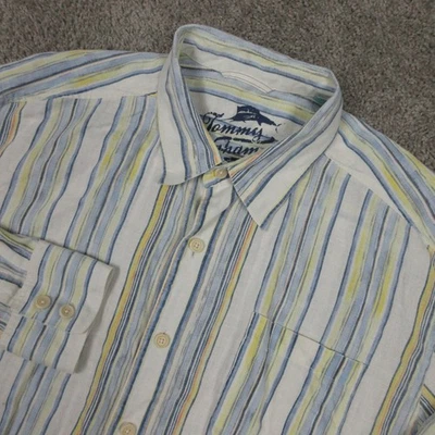 Tommy Bahama Shirt Mens XL White Blue Striped Relax 100% Linen Marlin Button Up - Image 1 of 4