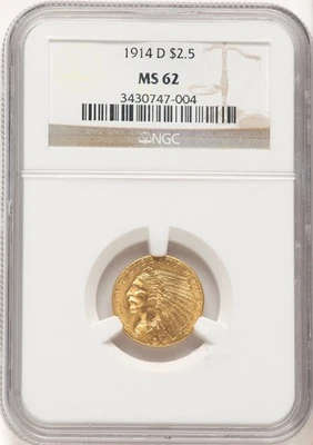 1914-D INDIAN HEAD $2.5 QUARTER EAGLE GOLD NGC MS62 - Image 1 of 4