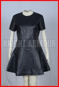 100% BLACK GENUINE REAL SHEEP LEATHER LADIES WOMAN SKATER COCKTAIL PARTY DRESS - Picture 1 of 4