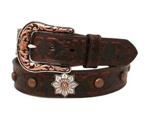Ariat Western Womens Belt Leather Floral Embossed Flower Conchos Brown