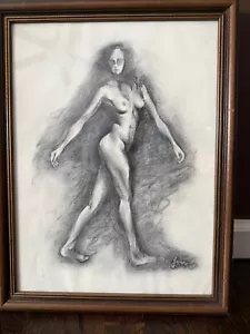 Disegno a matita schizzo donna nuda arte originale firmato e incorniciato 13 3/4"x17 3/4" - Foto 1 di 7