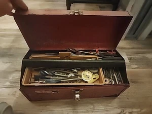 Cassetta degli attrezzi vintage Popular Mechanics 16" con vassoio made in USA RIEMPITA CON ATTREZZI VEDI FOTO - Foto 1 di 18