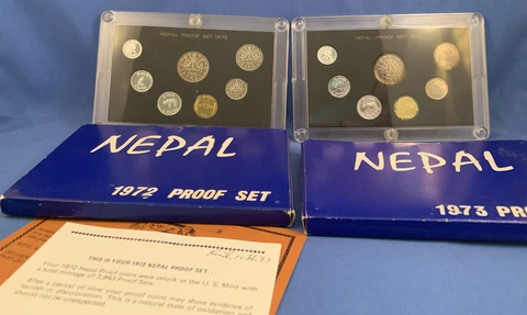 Lot of 2 NEPAL OFFICIAL PROOF SET 7 COINS 1972 & 1973 US MINT ONLY Cover