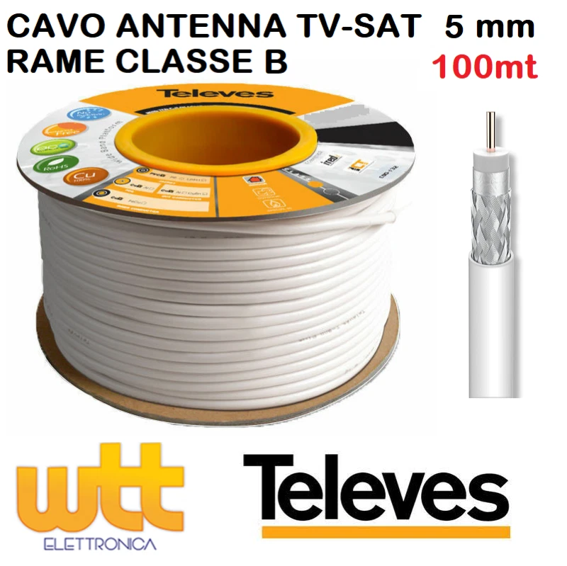 BOBINA 100MT CAVO COASSIALE TV SAT 5MM TELEVES TE2106/03 OMOLOGATO SKY