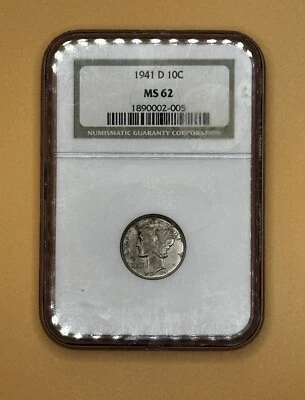 NGC 1941D MS62 10c Piece- Stunning Silver Mercury Dime In Old School NGC Holder - Image 1 of 2