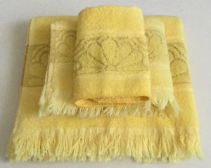 3 PC Vintage Caldwell Towel Set Bath/Hand/Wash Cloth Yellow Sculpted Shell EXC! - Bild 1 von 10