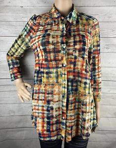 Siren Lily Damen Bluse Medium halbtransparent orange gelb blau kariert Stretch Hemd - Bild 1 von 12