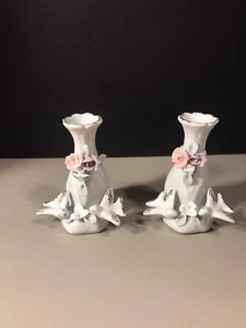 Pair of White "Mini" Porcelain Vases Trimmed in Gold w/ Raised Flowers & Birds  - Picture 1 of 7