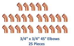 (25 PCS) 3/4" x 3/4" Copper 45° Degree Elbow Fittings CxC, Sweat Ends, LEAD FREE - Picture 1 of 1