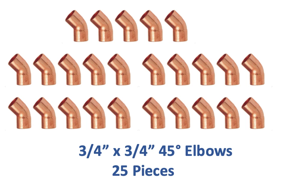 (25 PCS) 3/4" x 3/4" Copper 45° Degree Elbow Fittings CxC, Sweat Ends, LEAD FREE - Image 1 of 1