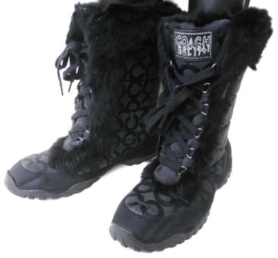 Botas de nieve de invierno COACH Jennie Rabbit Fur Sig C Jacquard negras aisladas talla 9 Foto 1 de 4