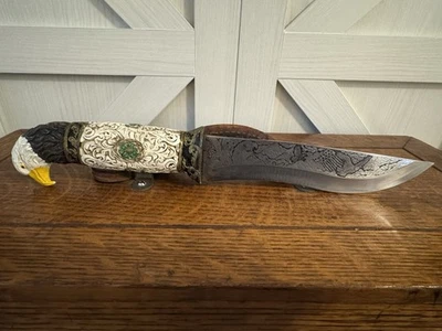 Engraved Bald Eagle Handled 8" Butcher Hunting Knife Mexican Decor Blade - Image 1 of 4