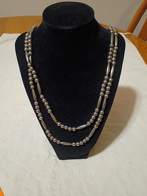 Vintage Long Navajo Torpedo Bead Necklace, Unmarked Silver Metal 28" A6 - image 1 of 4
