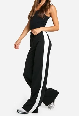 Boohoo Tall Contrast Stripe Wide Leg Trousers Black White Side Stripe High Waist - Image 1 of 2