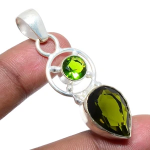 Green Tourmaline & Peridot Silver Plated Pendant 2.01" W775, Christmas Gift - Picture 1 of 3