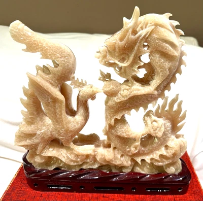 Estatua de dragón de 12" tallada en piedra natural china de colección sobre soporte con caja de exhibición Foto 1 de 4