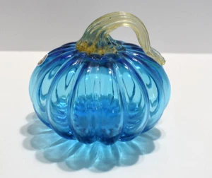 Art Glass Hand Blown Pumpkin Artisan Blue Home Décor Fall Seasonal - Picture 1 of 7