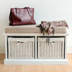 Tetbury White Storage Bench with Cushion, ASSEMBLED bench with wicker baskets - Picture 1 of 3