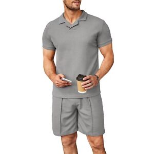 2Pcs Mens V Neck Lapel Shirt Short Sleeve+Shorts Suit Waffle-Style Casual Set