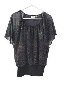 Cato Top Blouse Women 14/16W Black Gold Chiffon Overlay Lined Hip Hugger Peasant - Bild 1 von 13